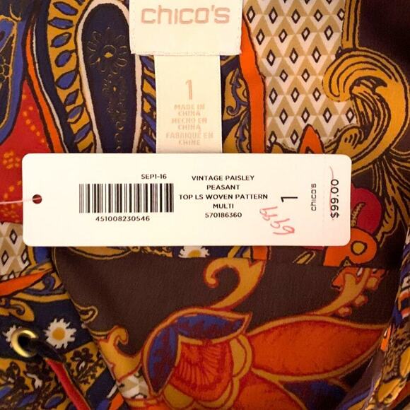 Chico's Women's Top Sz S Paisley Peasant  Lace Up Asymmetrical  Orange Brown - Picture 10 of 12